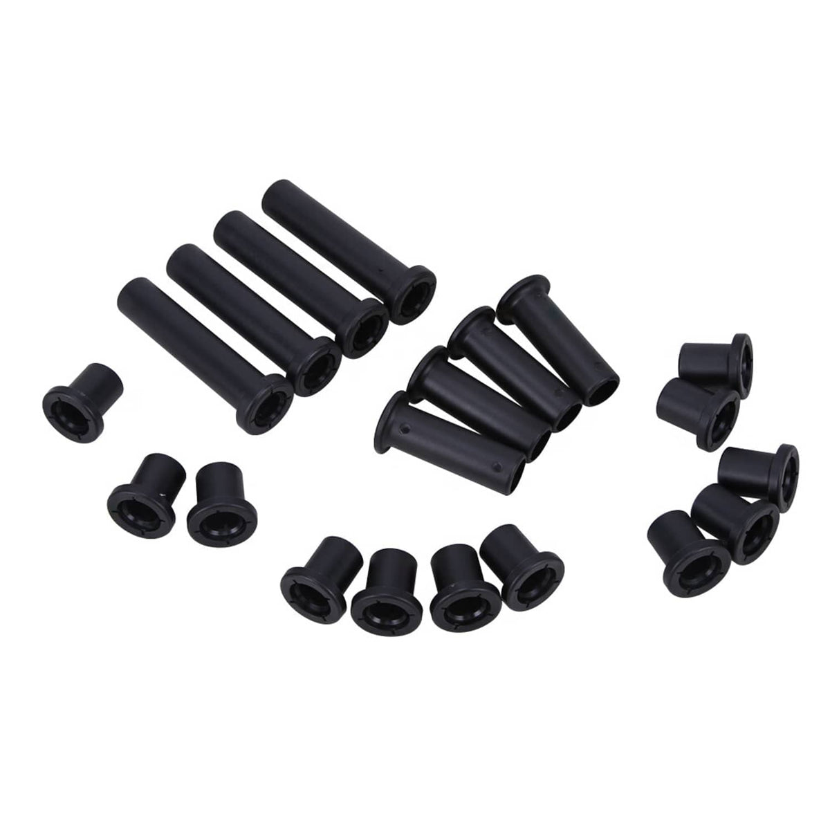 Black control arm bushing pieces, individual cylindrical sleeves and small rubber rings
