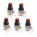 Set of five rotary potentiometers with black bodies and red adjustment caps, 3-pin