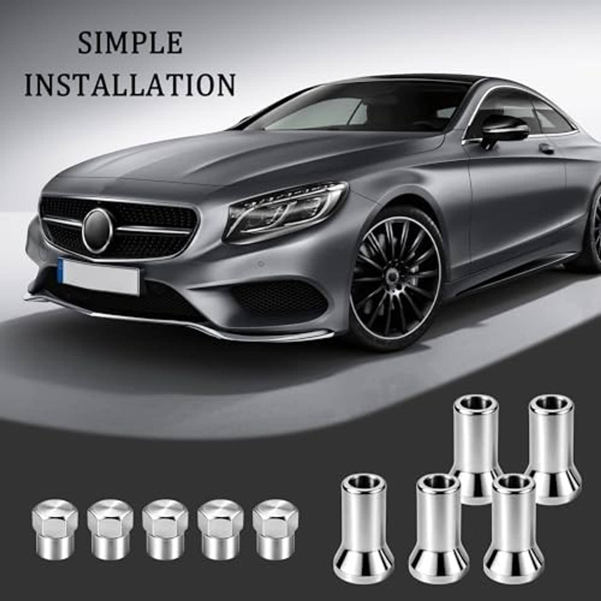 Chrome valve stem caps set with hex heads and cylindrical sleeves