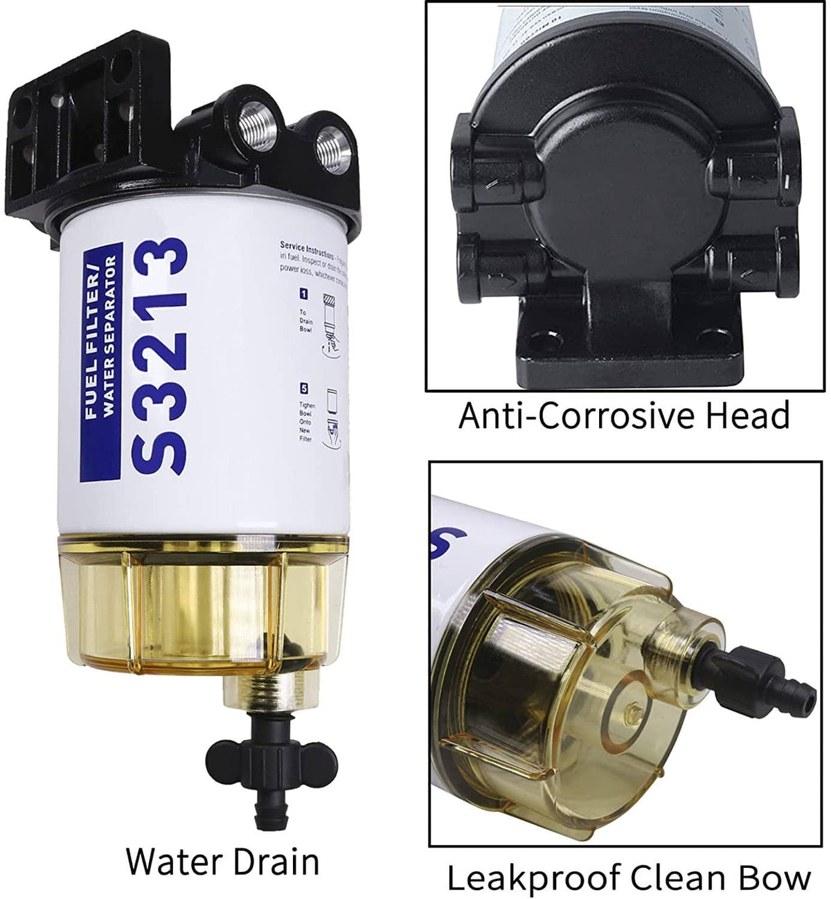 Fuel water separator filter with anti-corrosive black head and water drain outlet