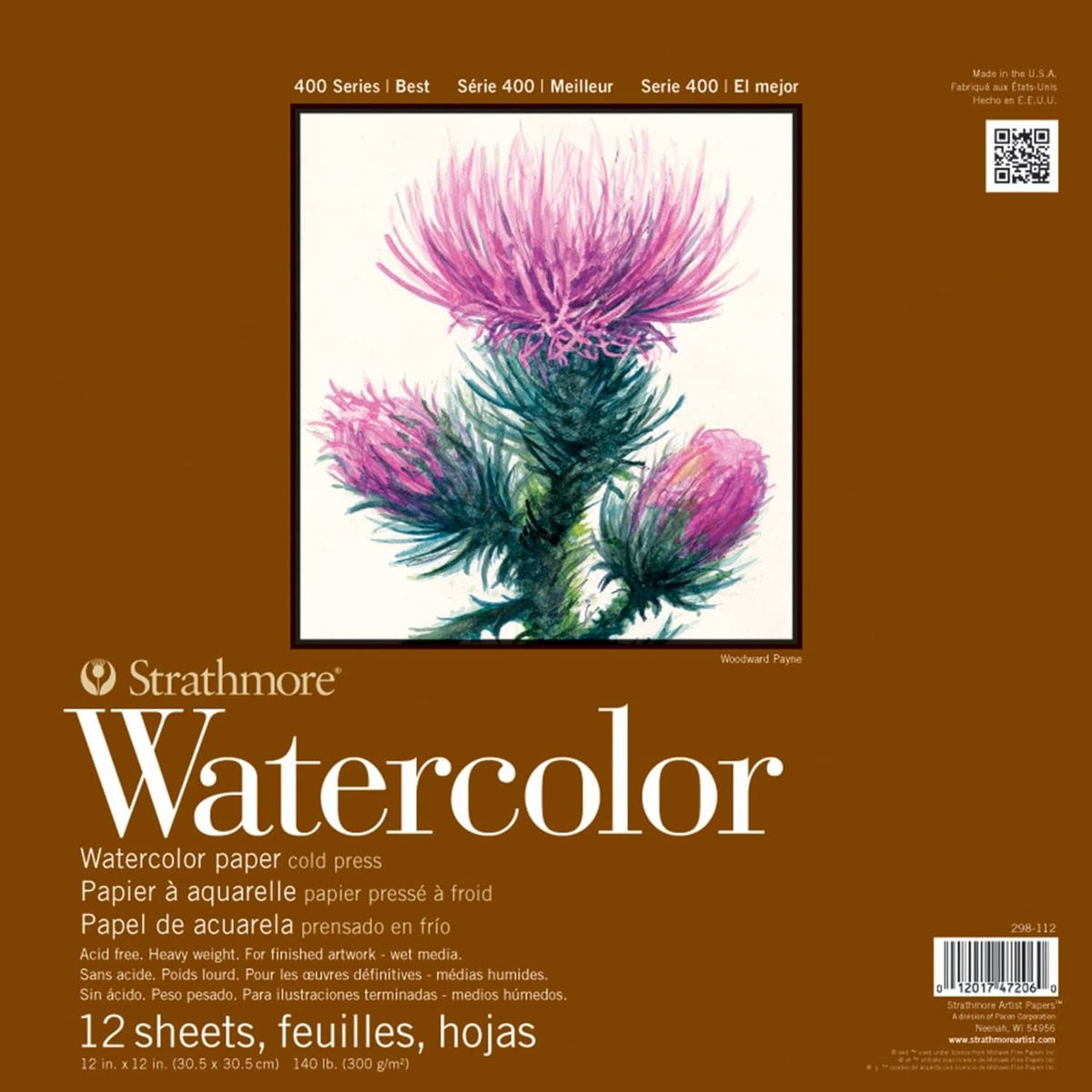 Strathmore watercolor paper pad, 12"x12", 12 sheets; cover shows purple-blue flowers