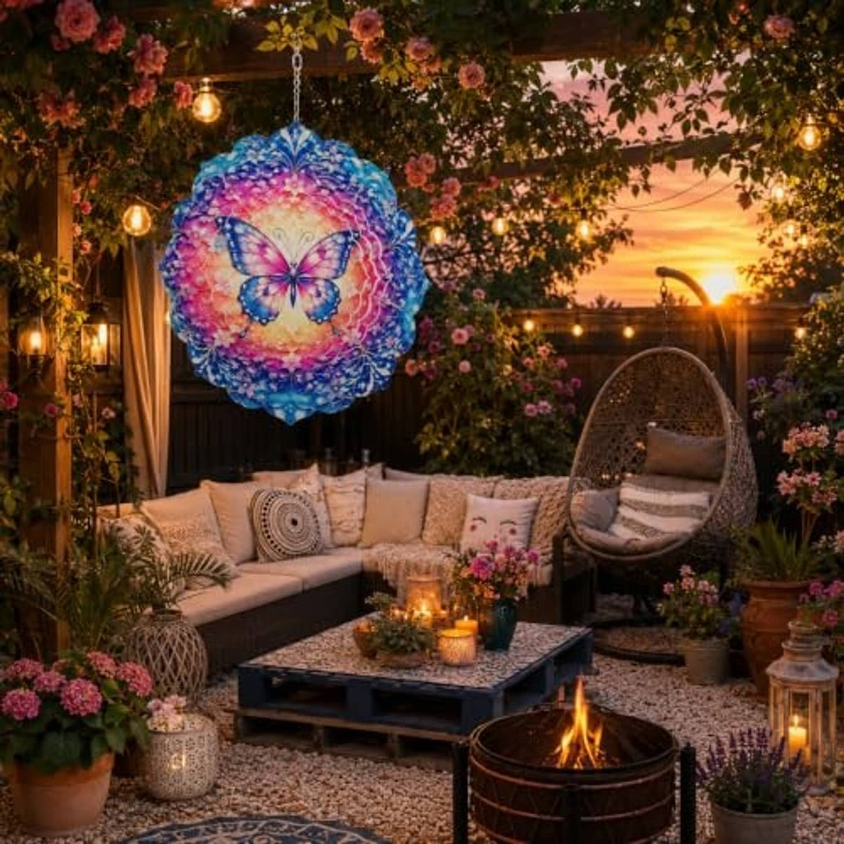Butterfly floral wind spinner in blue and pink, hanging from a chain outdoors