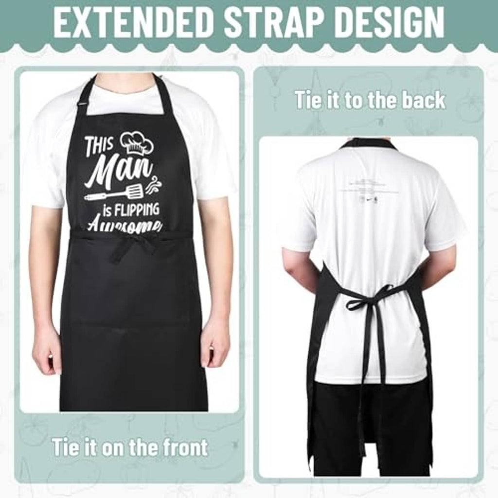 Black apron with tie-front and extended neck straps, back view shown
