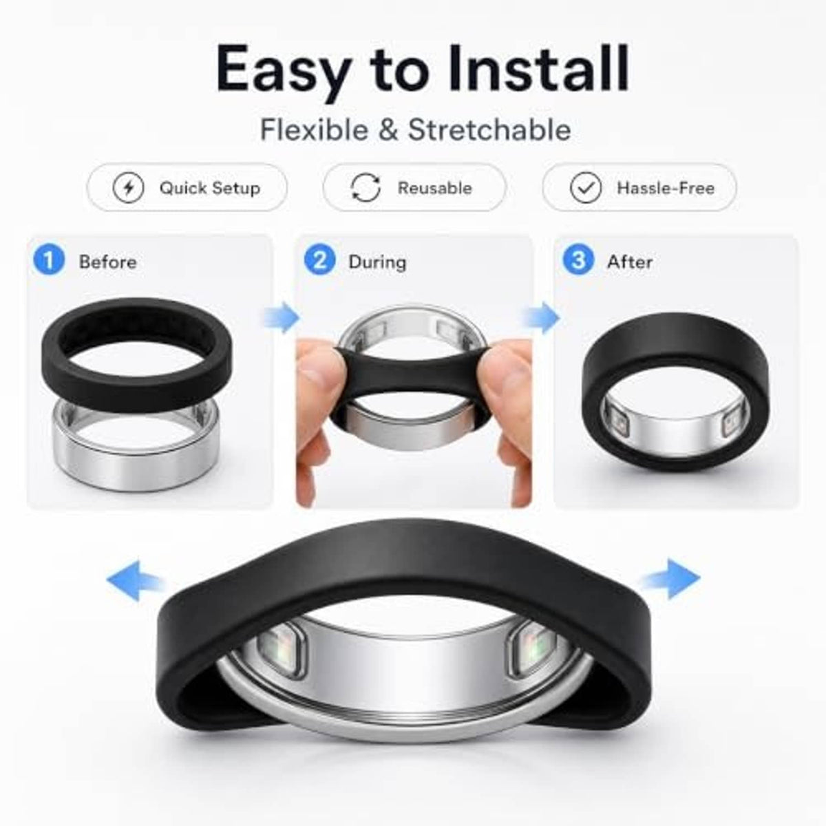 Flexible silicone ring cover stretched over a ring base for easy installation