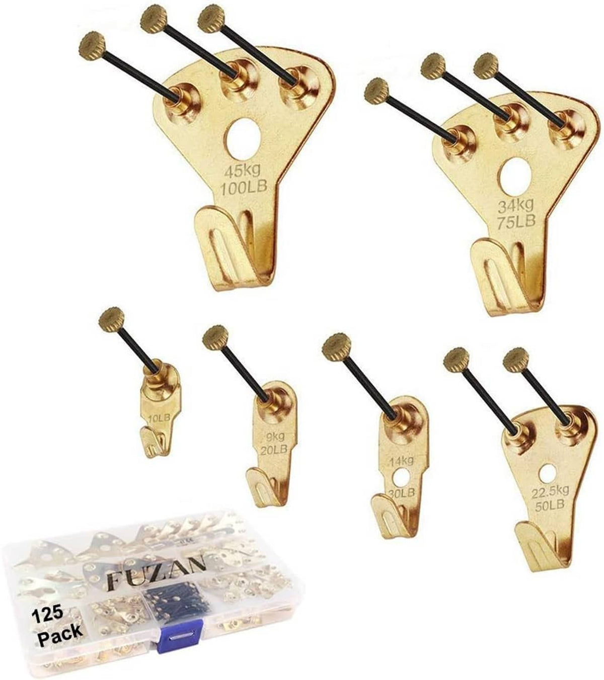 Gold picture hanging hooks with black nail rods and clear 125-pack blister
