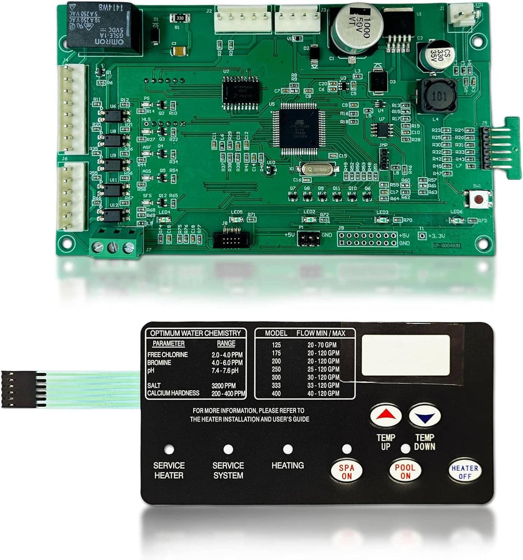 Green Pentair MasterTemp control circuit board with ribbon connector edge