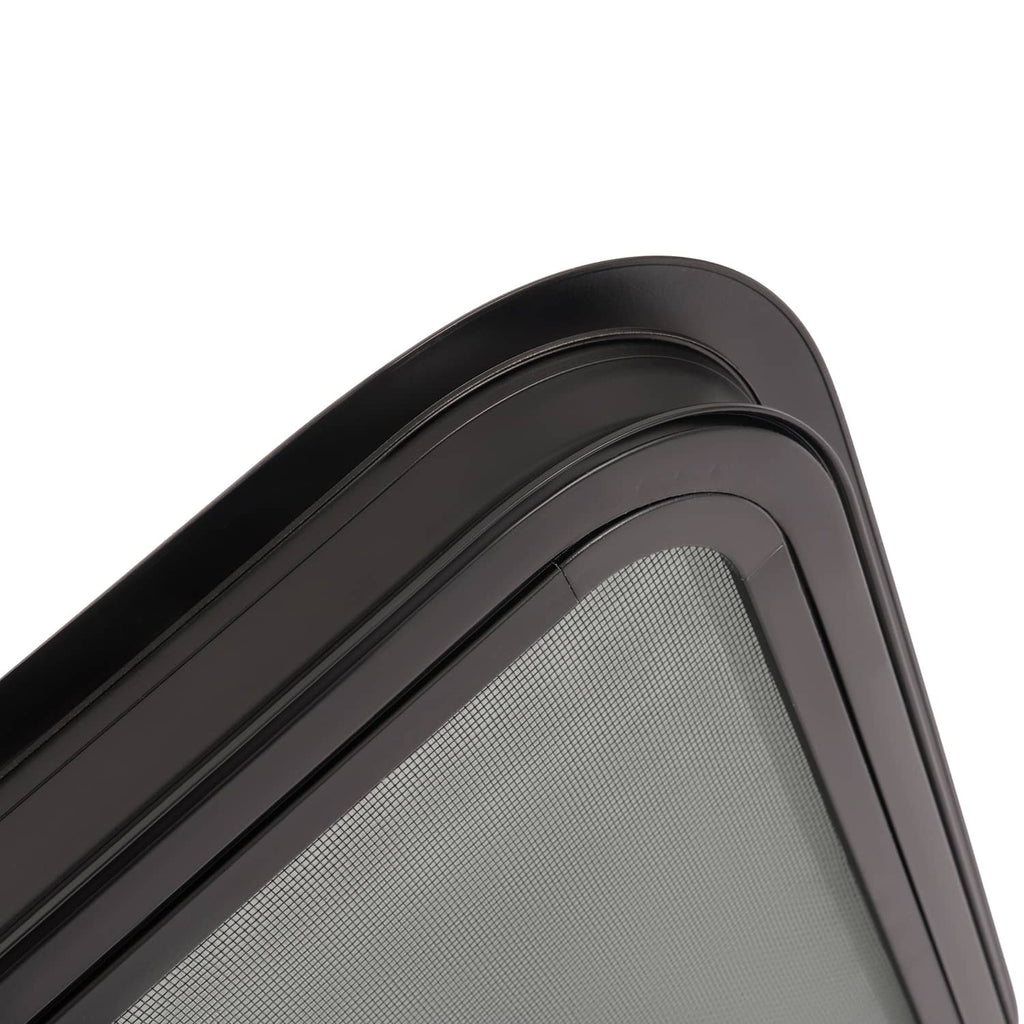 Dark RV window horizontal slider frame with gray screen mesh and rounded corner