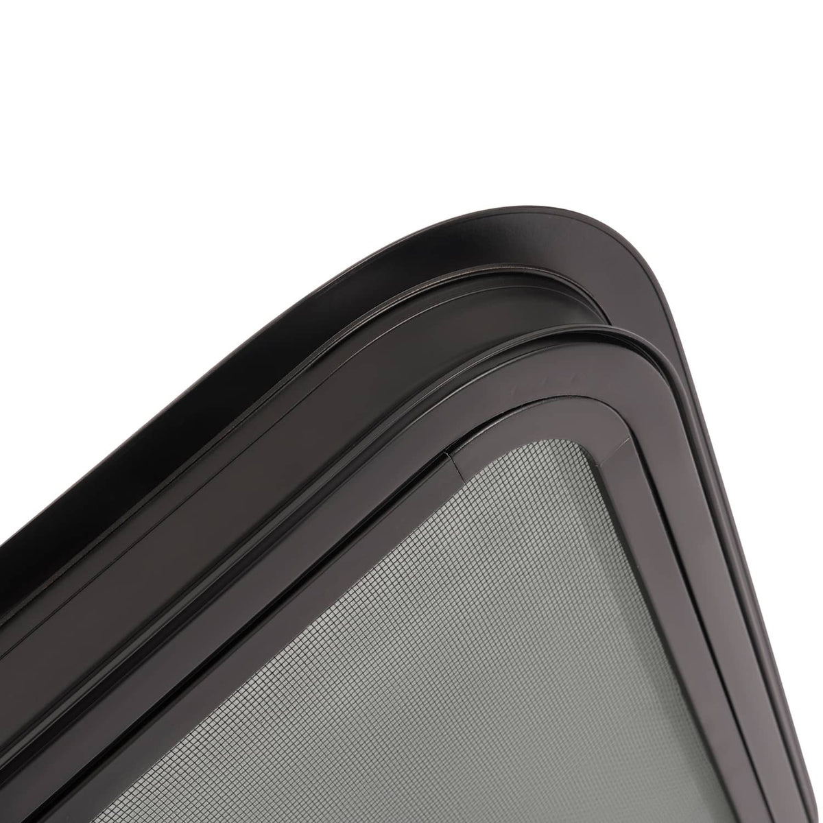 Dark RV window horizontal slider frame with gray screen mesh and rounded corner