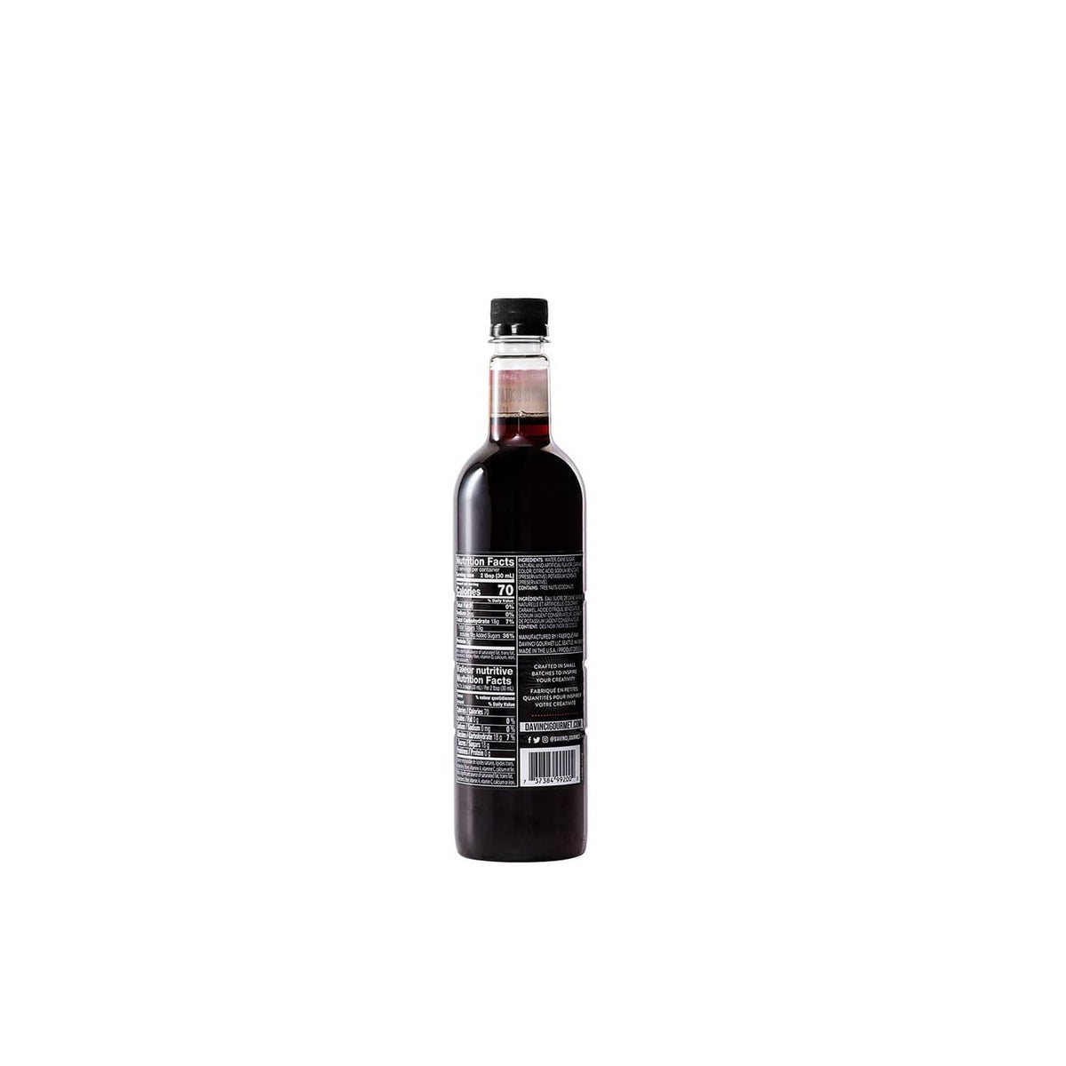 DaVinci Gourmet chocolate cake syrup bottle, dark bottle with back label
