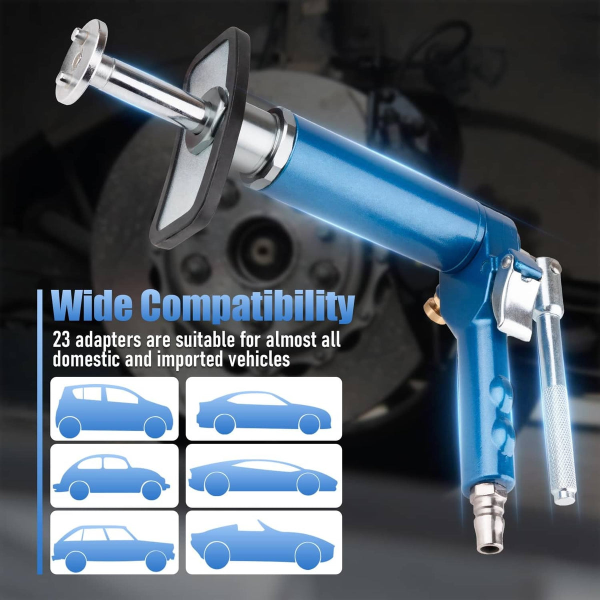Blue pneumatic brake piston caliper wind-back tool with air trigger and silver tip