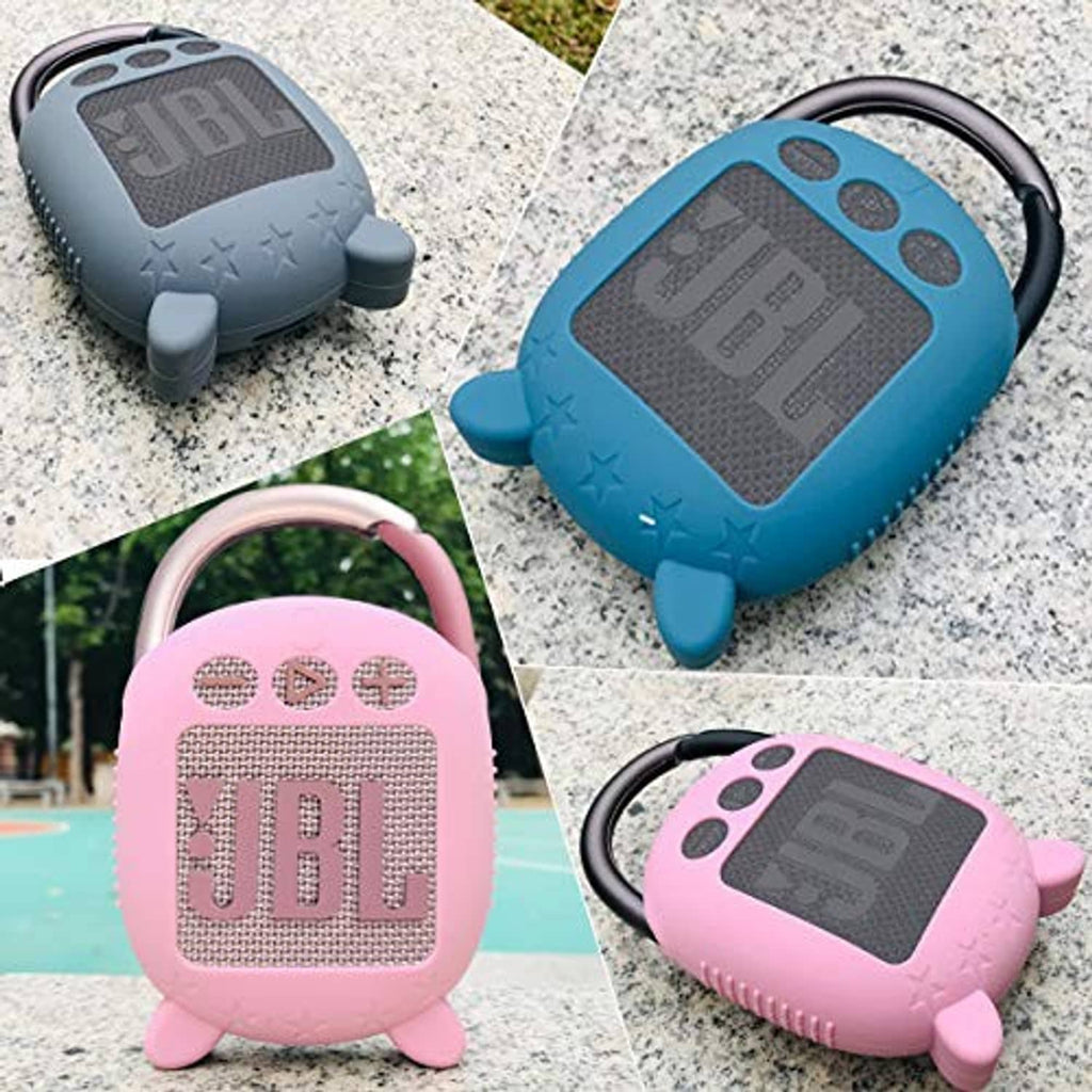 Blue silicone speaker case with JBL logo, shown with pink and gray cases
