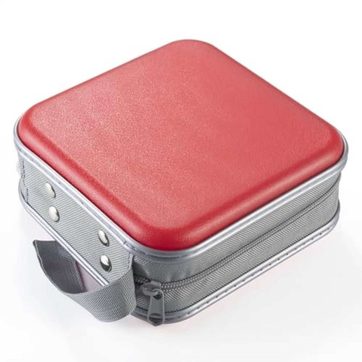 Red hard-shell CD/DVD zipper wallet with gray trim, top view