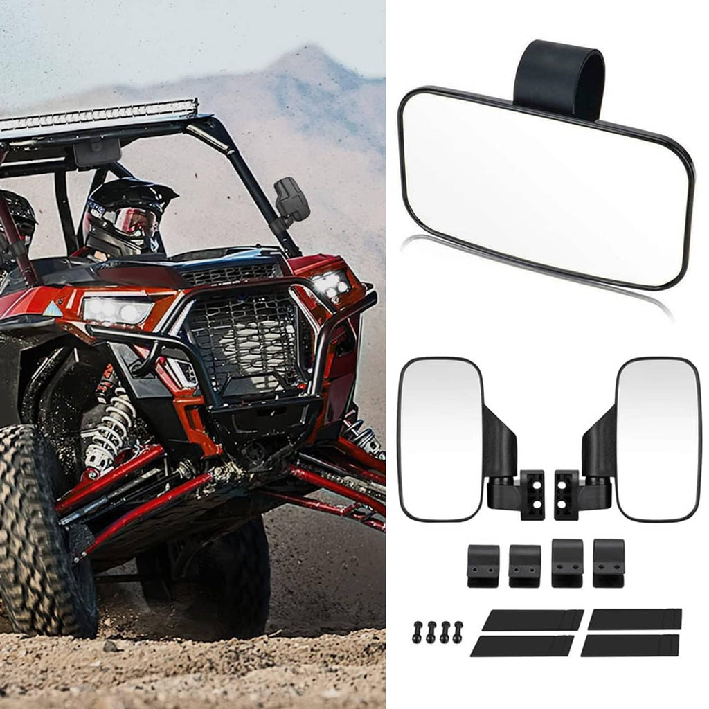 UTV center mirror and side mirrors with black mounting brackets and accessory pieces