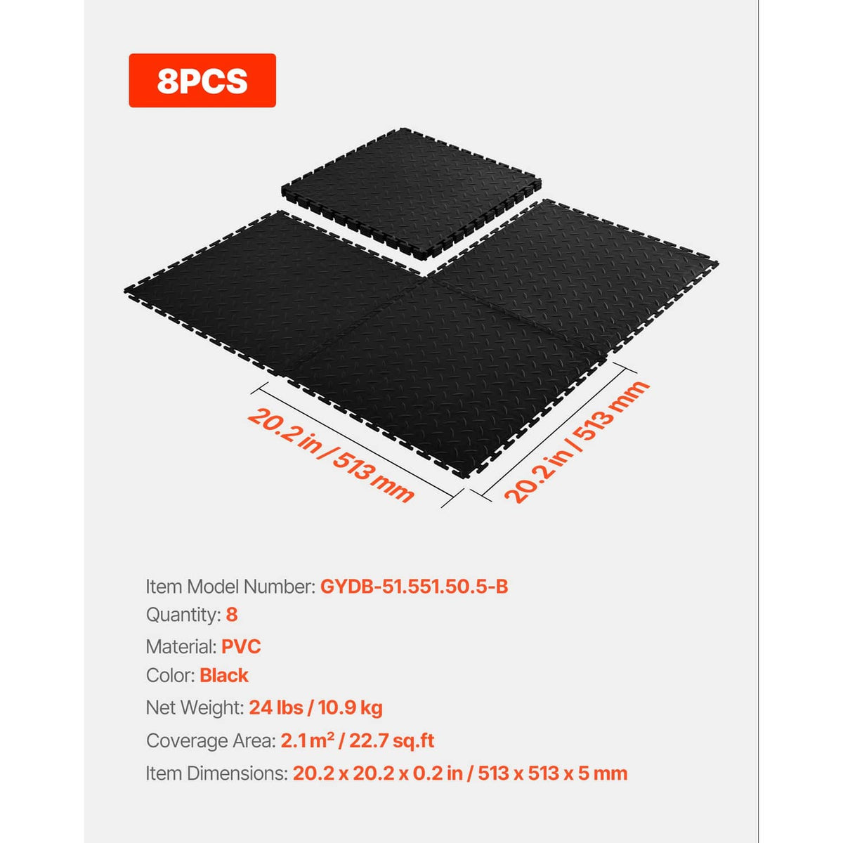 8-pack black PVC interlocking floor tiles, 5 mm thick, diamond-grip pattern