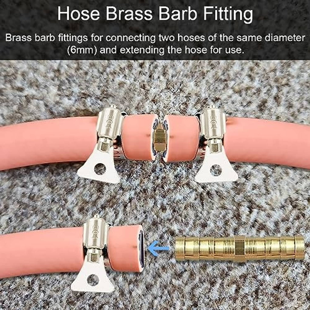 Brass barbed hose fittings with metal clamps connecting two hose sections