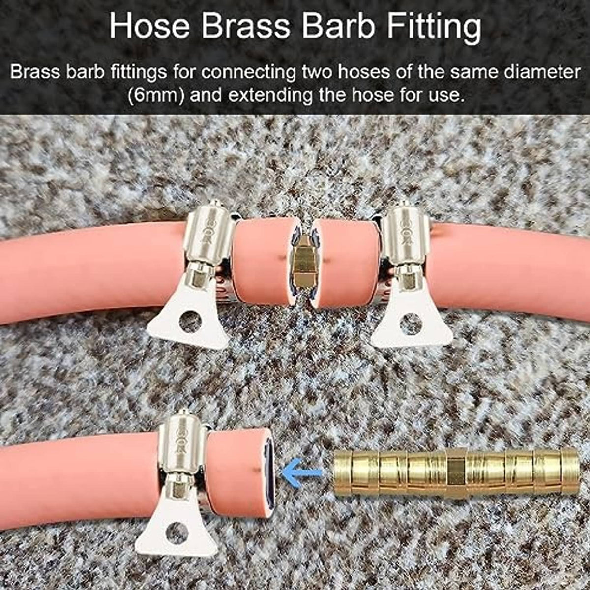 Brass barbed hose fittings with metal clamps connecting two hose sections