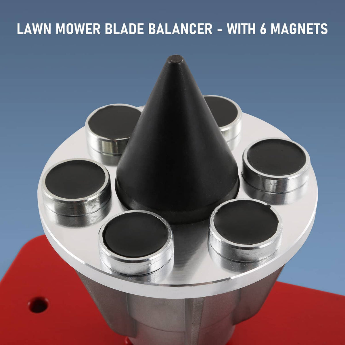 Steel magnetic cups around a central cone spindle on a red lawn mower blade balancer