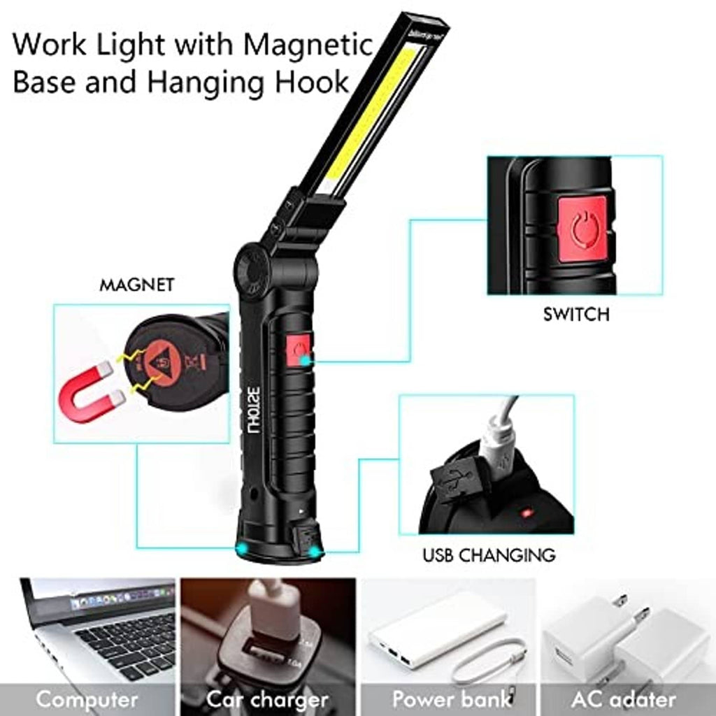 Black LED work light with magnetic base, hanging hook, and red power switch