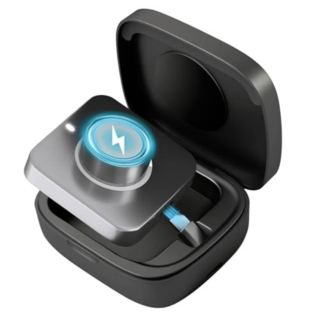 Black wireless charging case open, showing charging base and blue indicator light