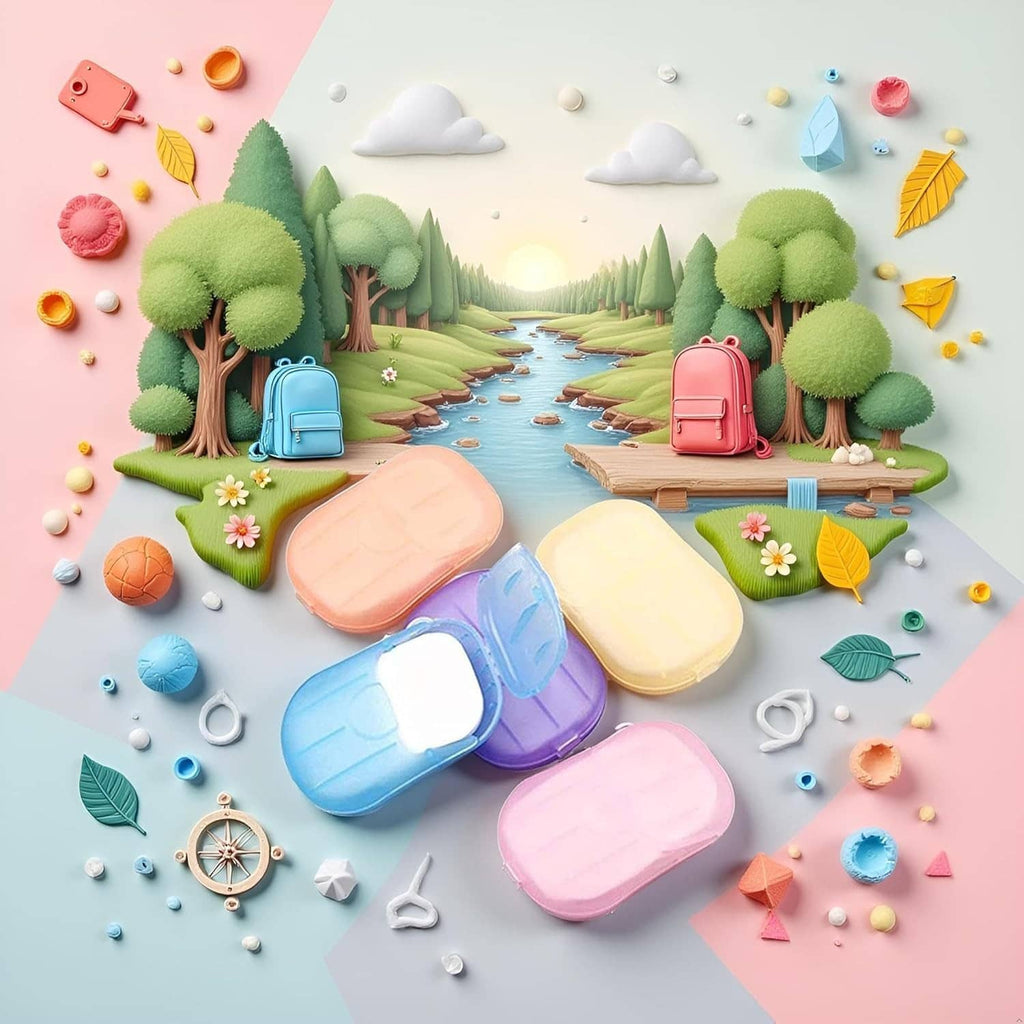 Pastel disposable soap paper bars in orange, yellow, blue, purple, and pink with water drops