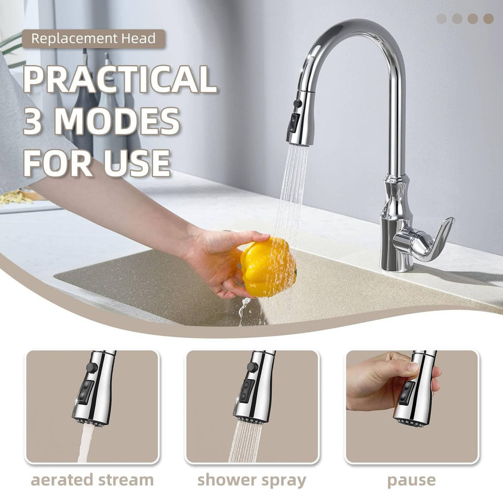 Chrome faucet sprayer head with water stream from the nozzle