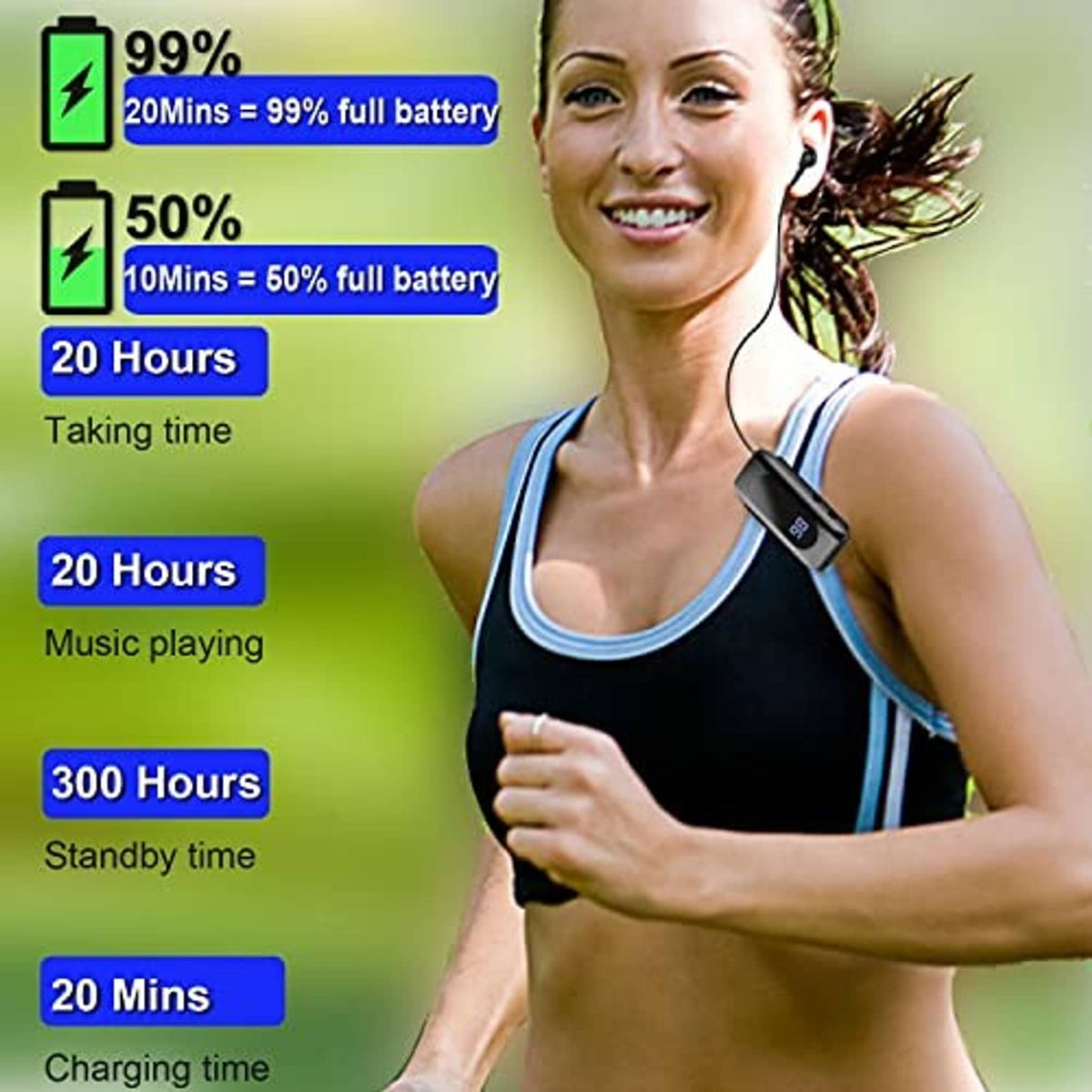 Retractable wireless earphone on runner, black earpiece and retractable clip unit
