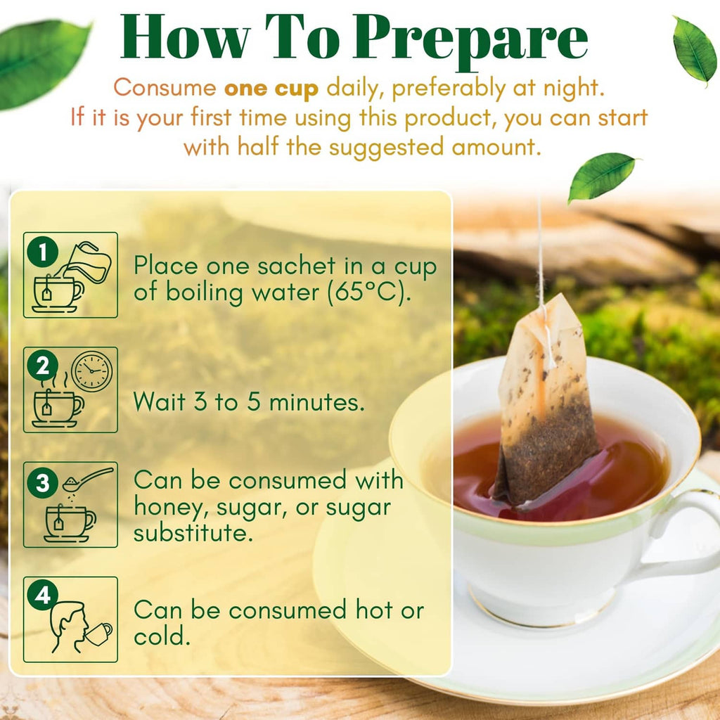 Tea preparation instructions graphic with cup of tea and boiling-water sachet icons.