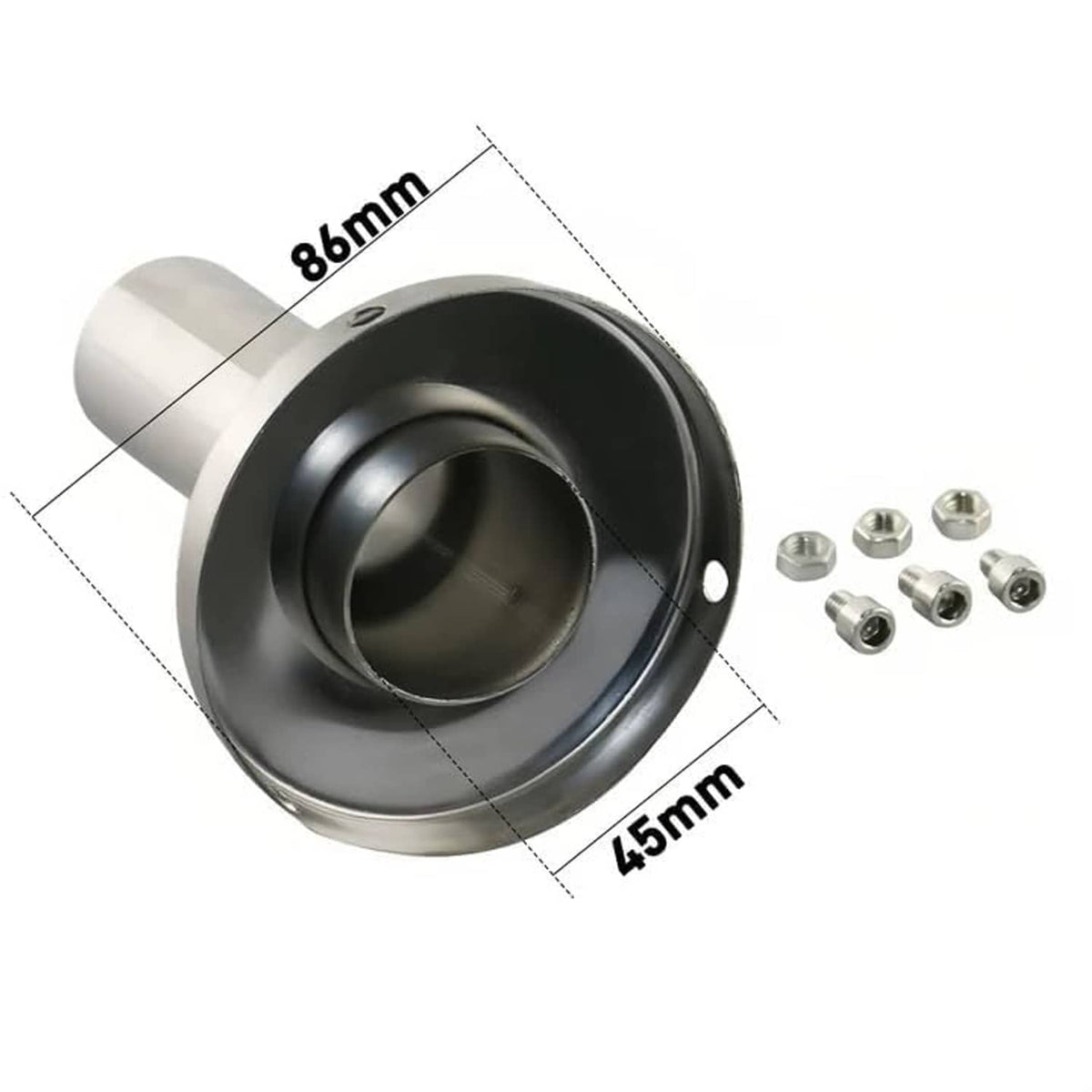 3.5in exhaust muffler tip size view with black inlet, silver rim, and bolt hardware