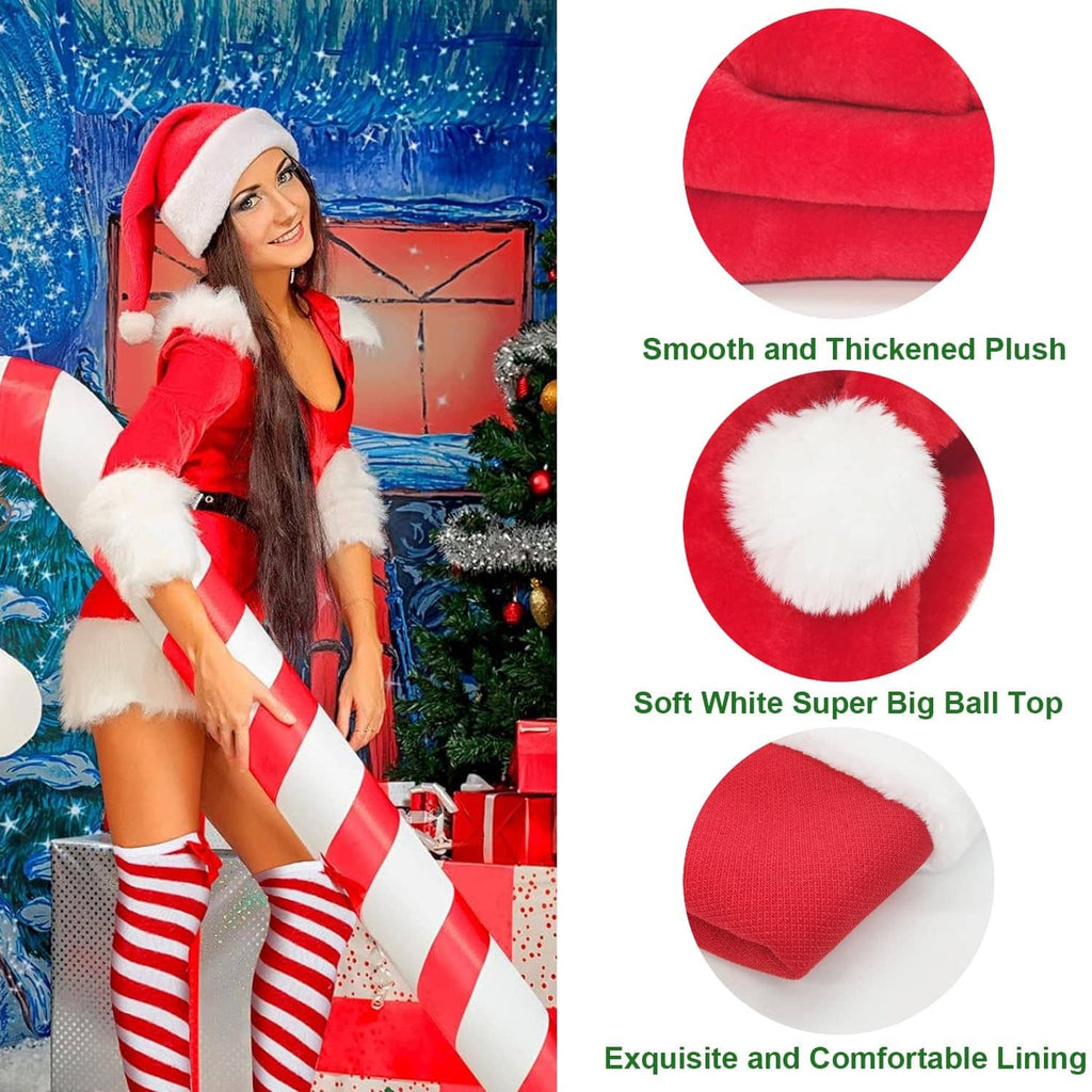 Red Santa hat with white pom and plush top, plus red-and-white striped stockings