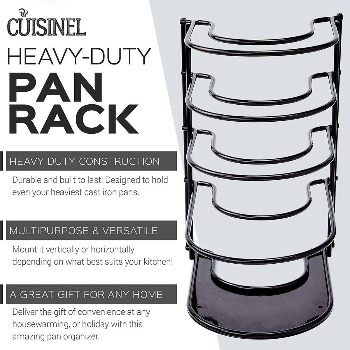 Heavy-duty pan organizer rack with five stacked black pans on a metal frame