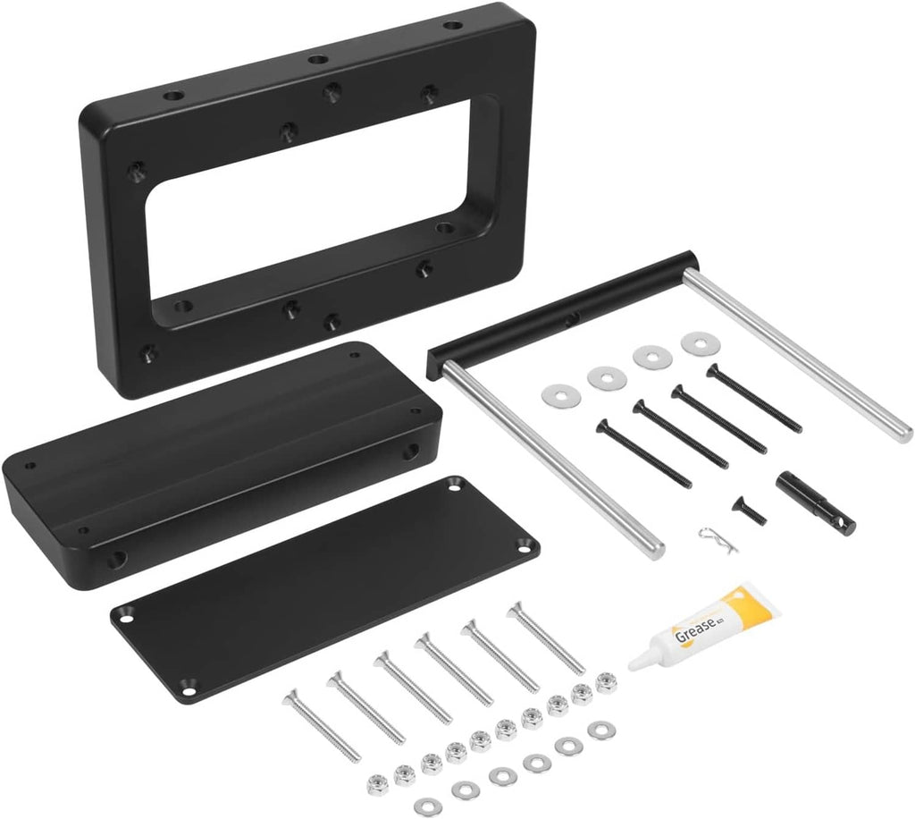 Black quick release bracket kit with frame plates, pin hardware, and grease