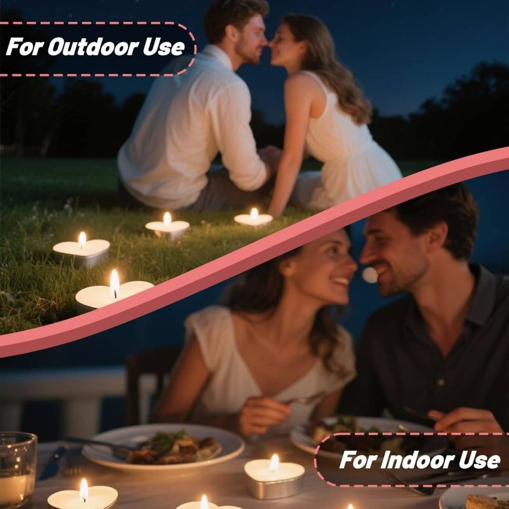 Small white heart tea candles placed outdoors and indoors for decorative lighting