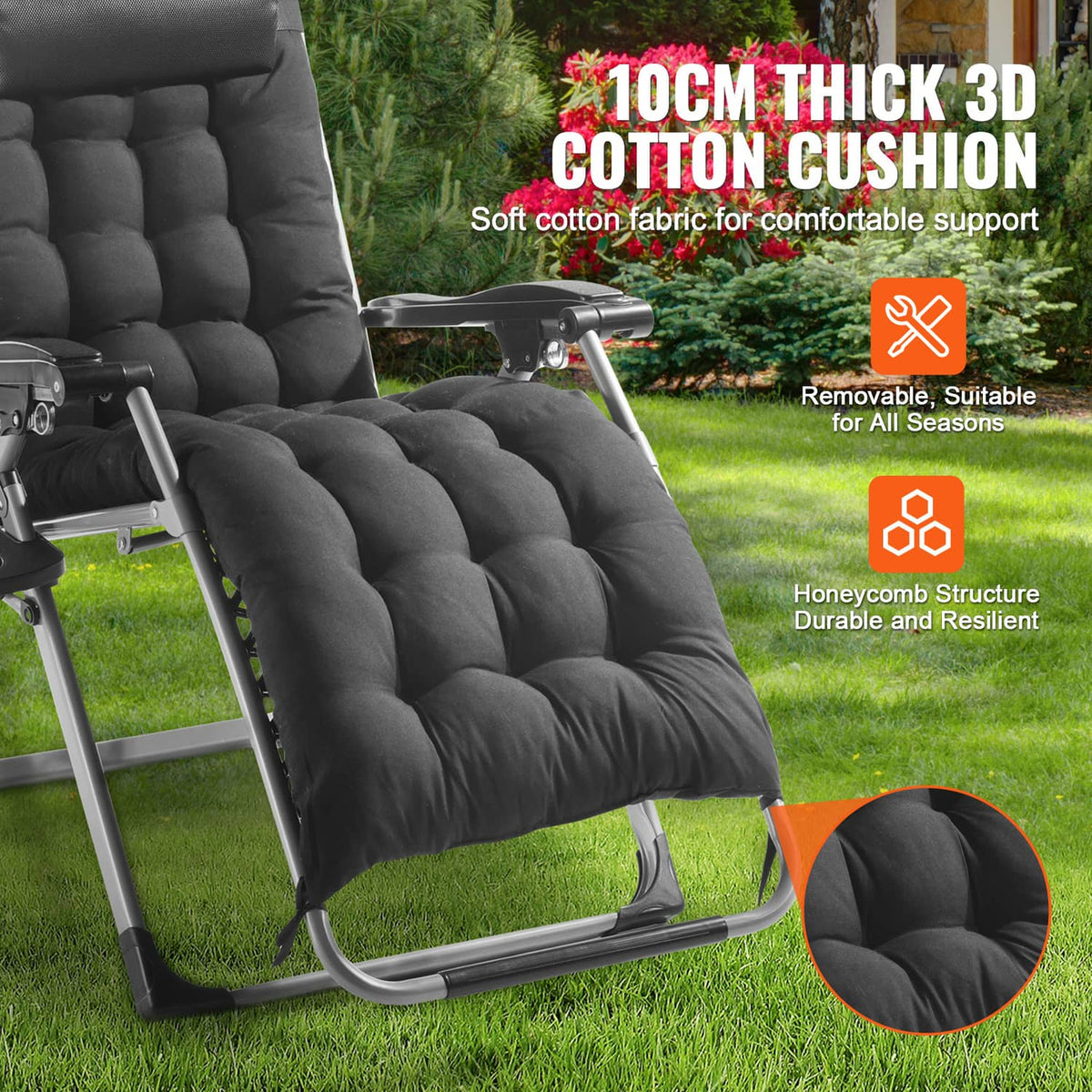 Black thick cushioned zero-gravity recliner chair with padded headrest and back