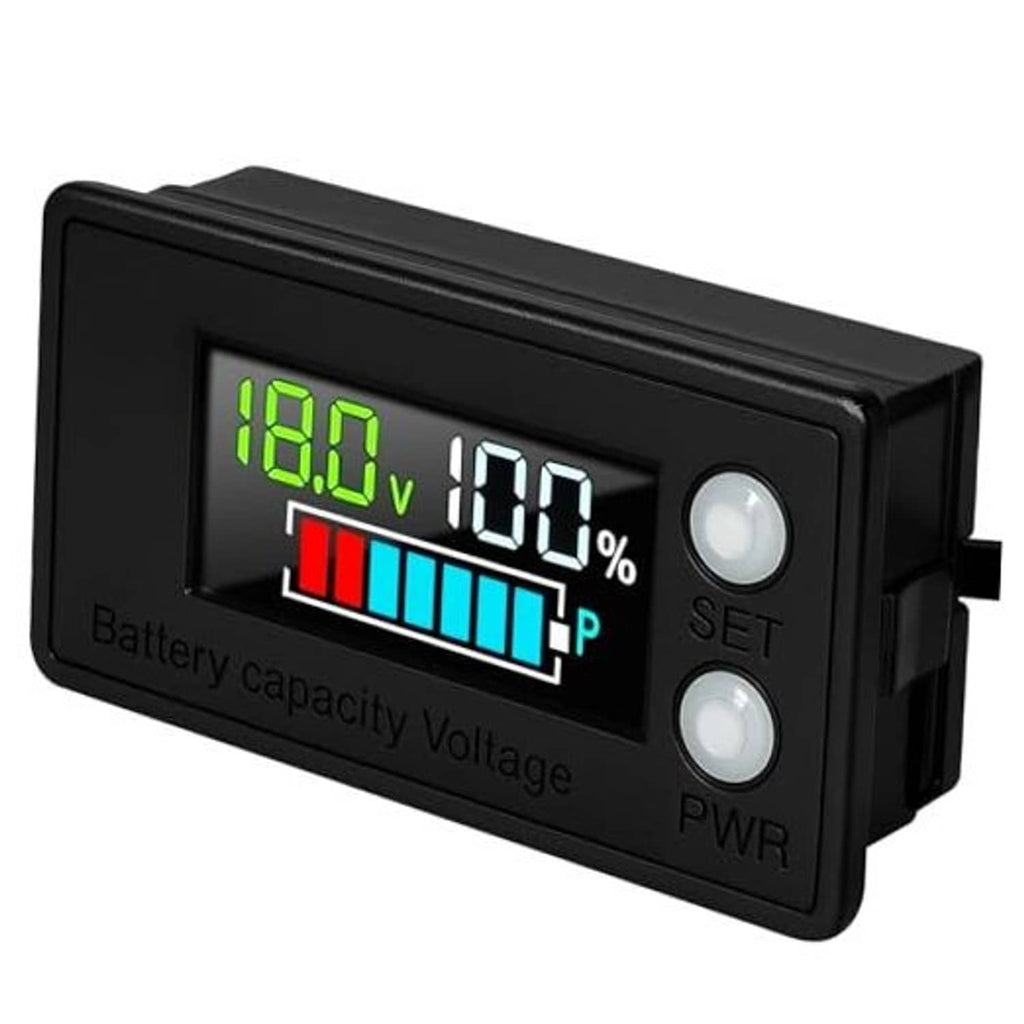 Waterproof battery monitor LCD showing 18.0V, 100% bar graph, black housing
