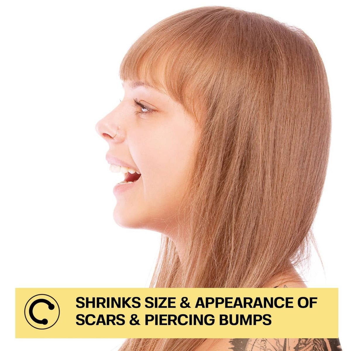 Piercing bump solution on a woman’s face with banner about reducing scars and bumps.