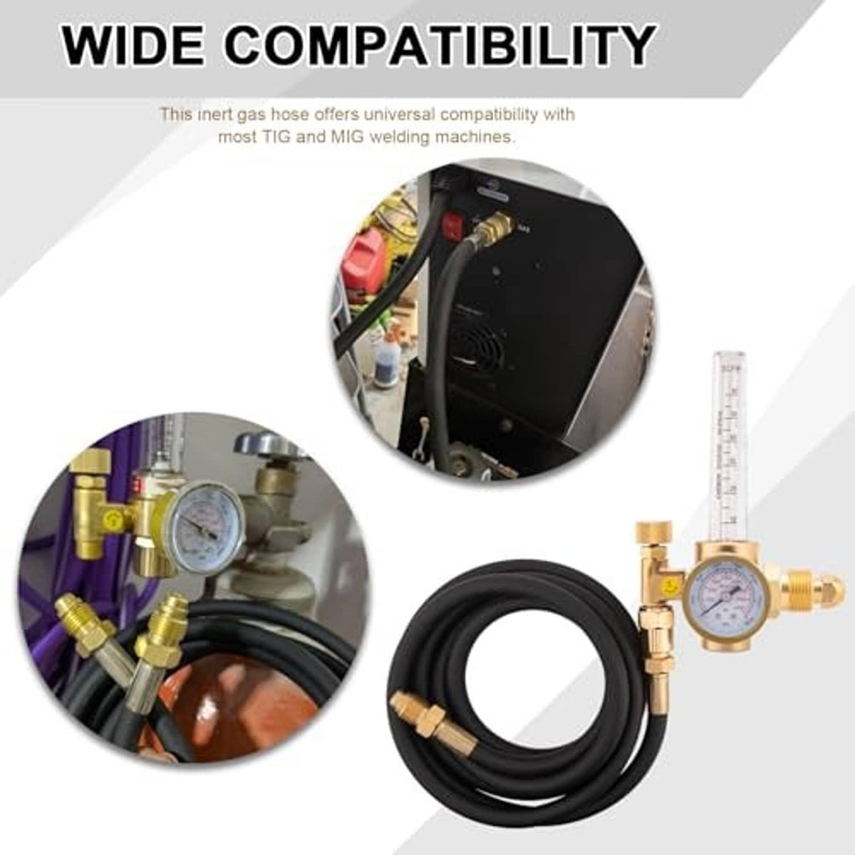 Black inert gas hose with brass regulator and pressure gauges attached