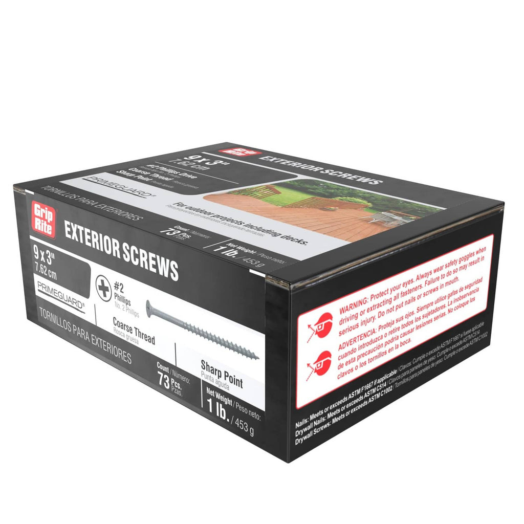Grip-Rite exterior screws box, #2 Phillips, 3 in, gray PrimeGuard, 73 pc.
