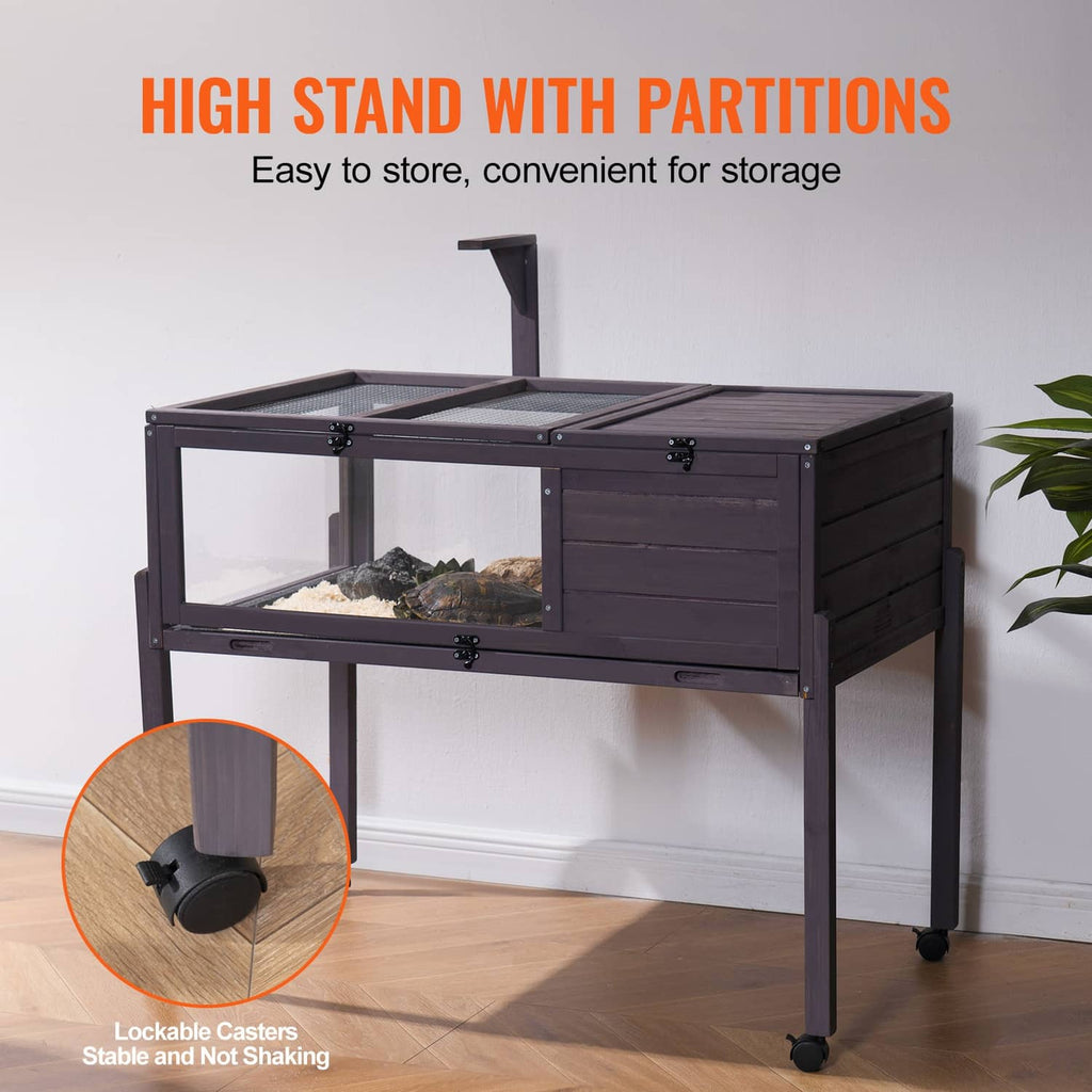 Gray wooden tortoise habitat with tall stand, partitions, and lockable casters
