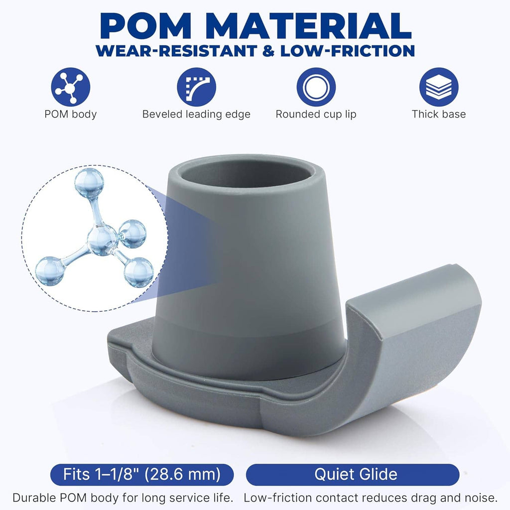 Single gray POM ski glide with rounded cup lip and curved runner base