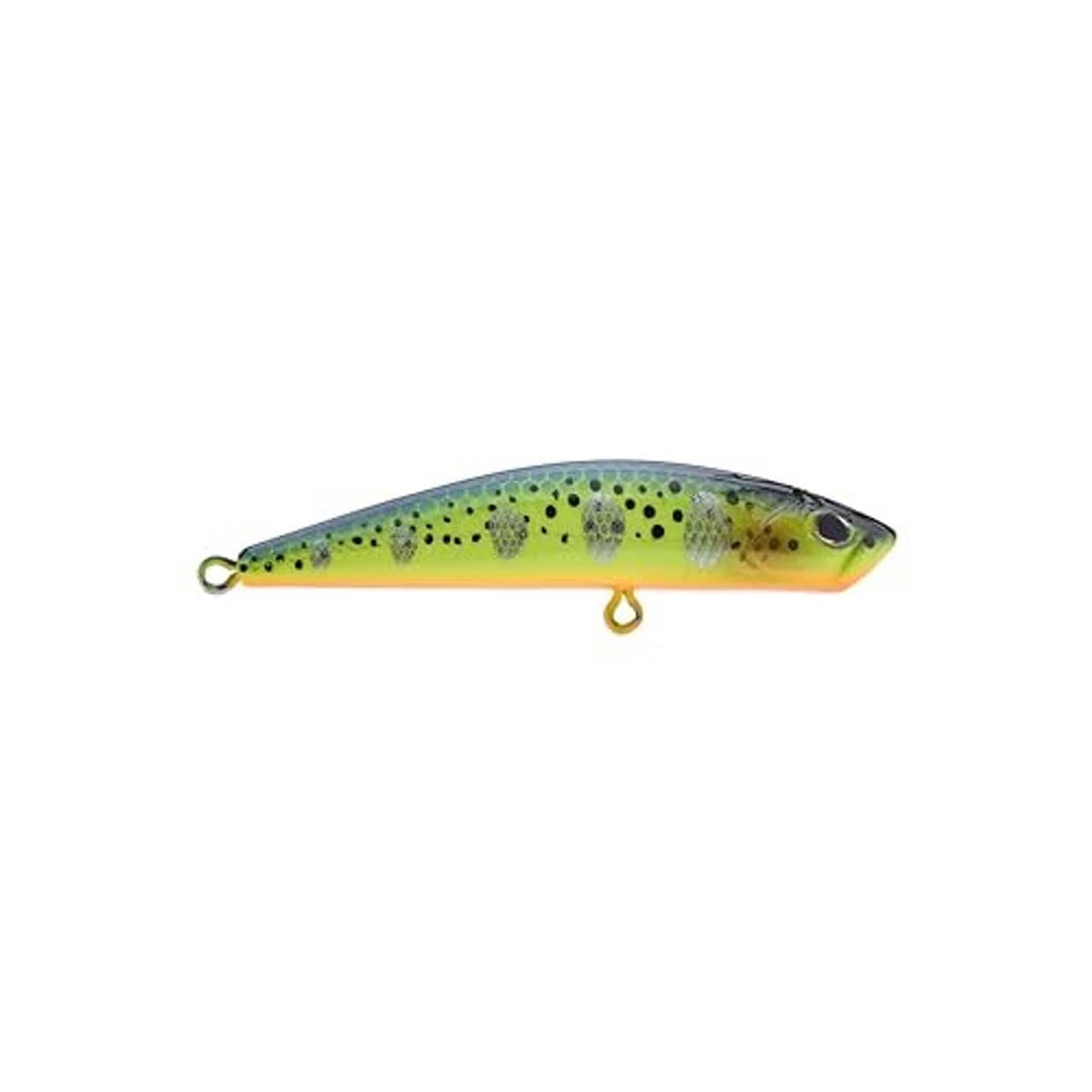 Berkley Finisher fishing lure side view, green-yellow spotted body with center treble hook