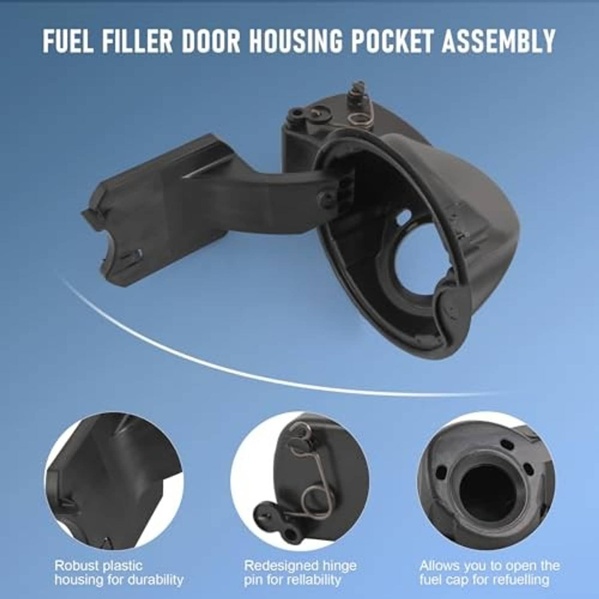 Black fuel filler door housing pocket assembly with hinge and release pin detail
