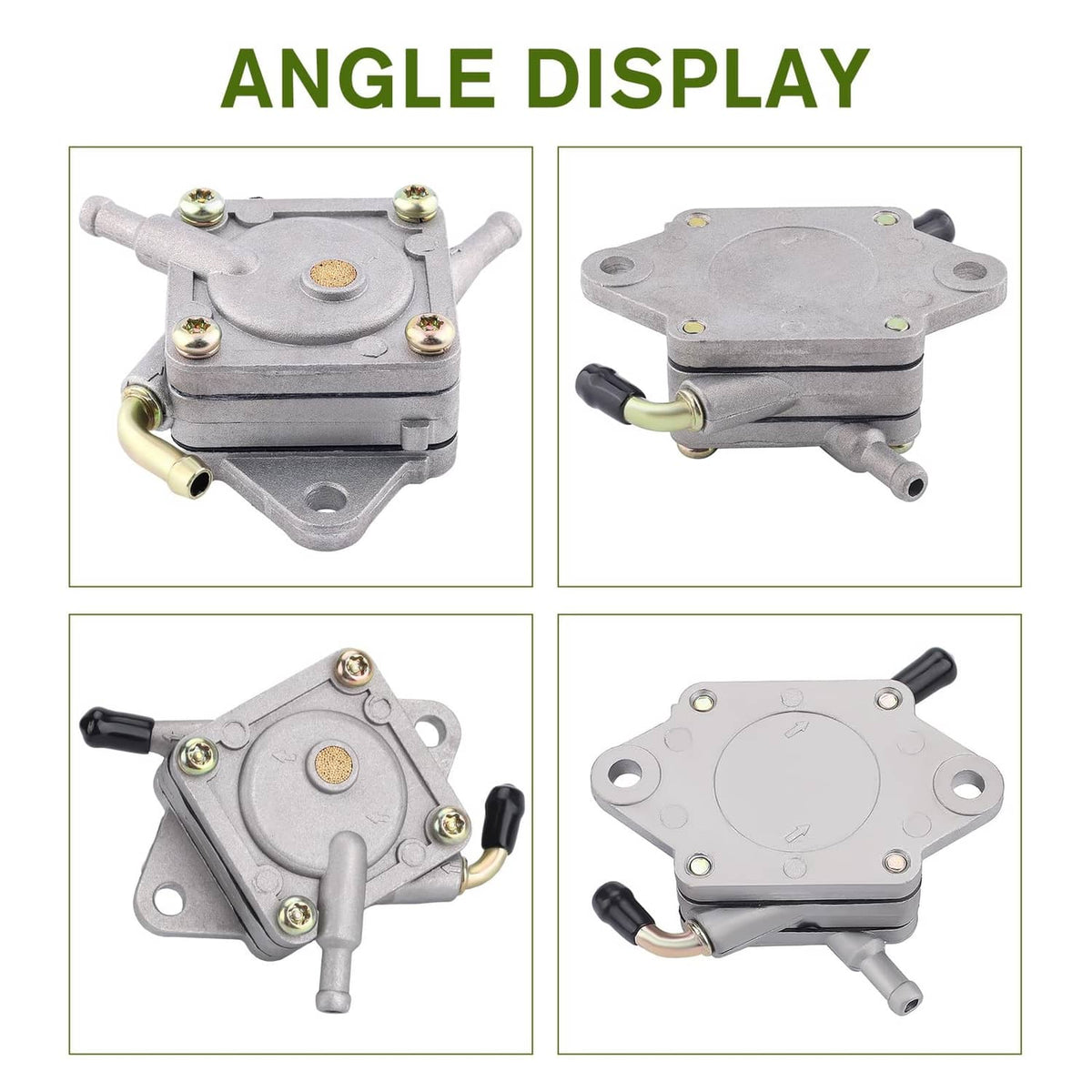 Fuel pump module angle views with ports and mounting holes, gray metal body
