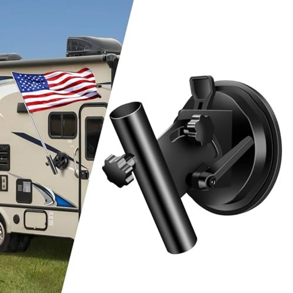 Black suction cup flagpole holder with adjustable clamp arm and mounting base