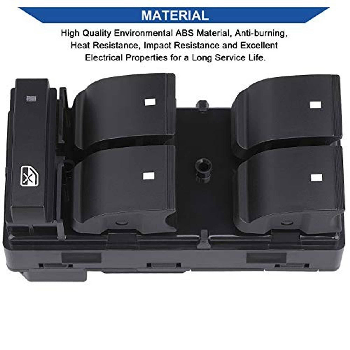 Black ABS power window switch housing with raised button covers and lock symbol