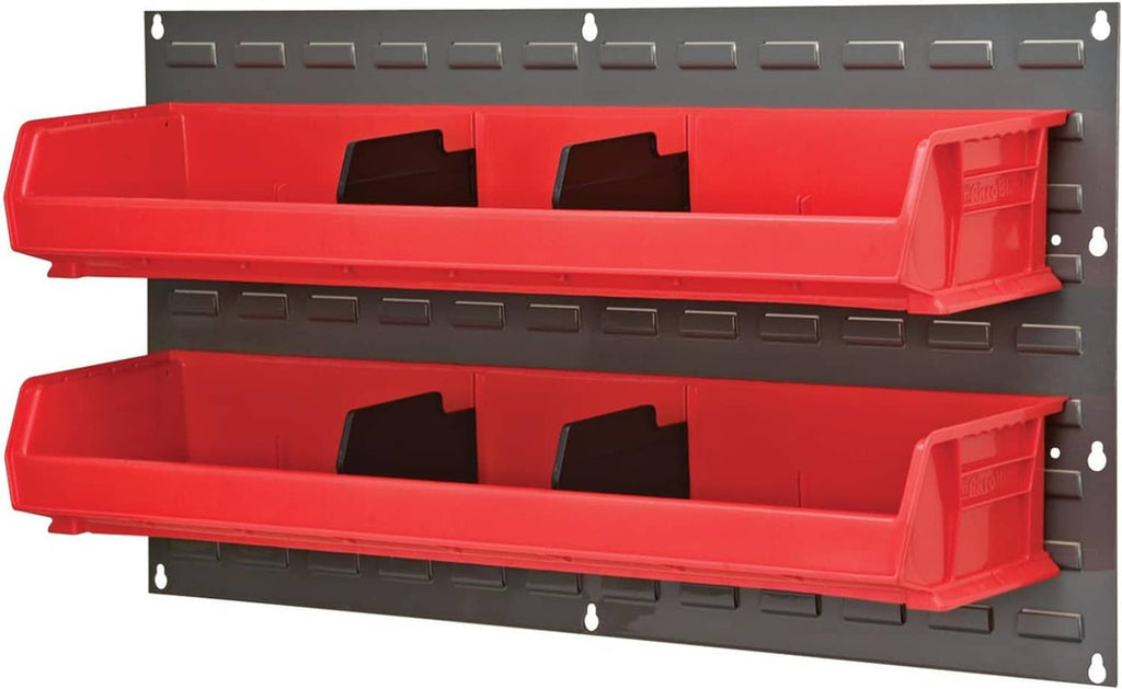 Gray louvered panel with two red heavy-duty storage bins mounted