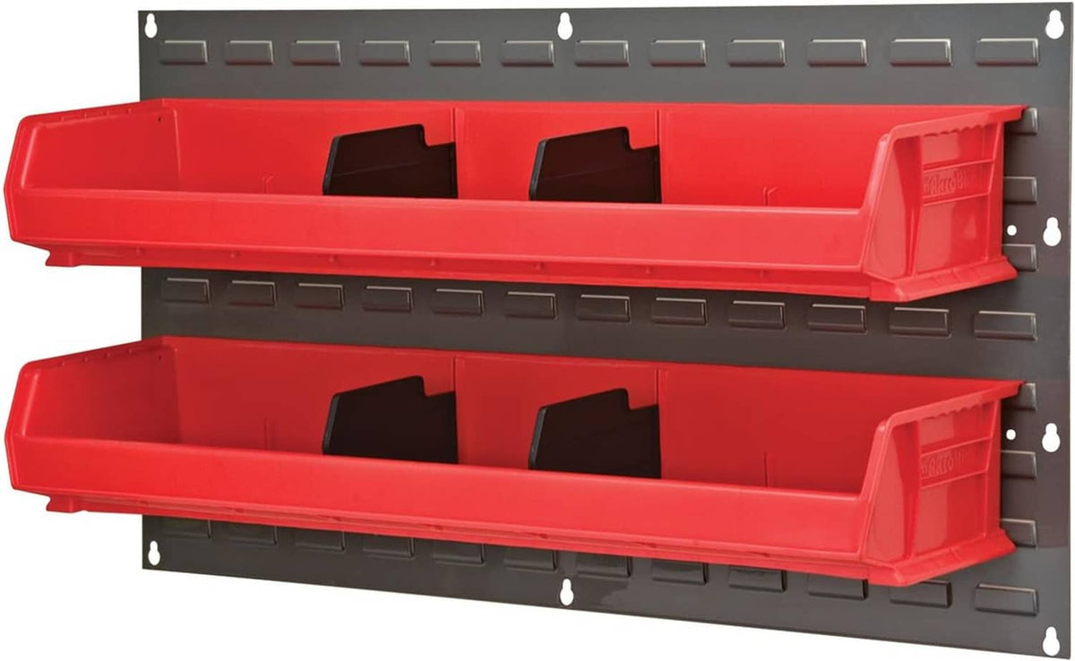 Gray louvered panel with two red heavy-duty storage bins mounted