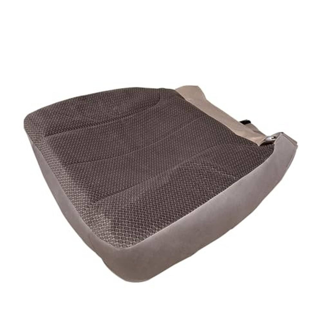 Front driver seat bottom replacement cover with tan edges and textured dark cloth