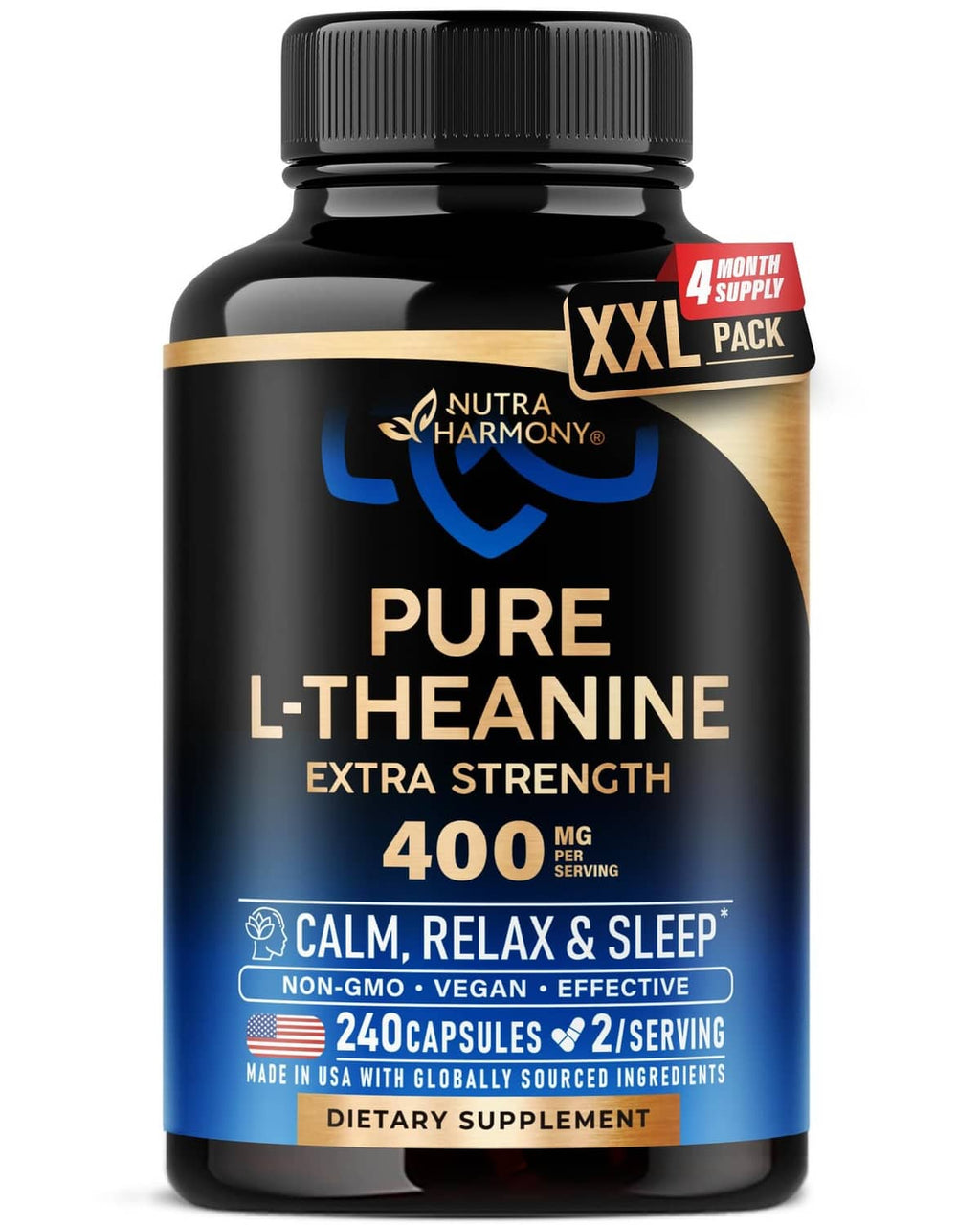 Black L-theanine 400 mg supplement bottle with blue “Pure L-Theanine” label