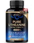 Black L-theanine 400 mg supplement bottle with blue “Pure L-Theanine” label