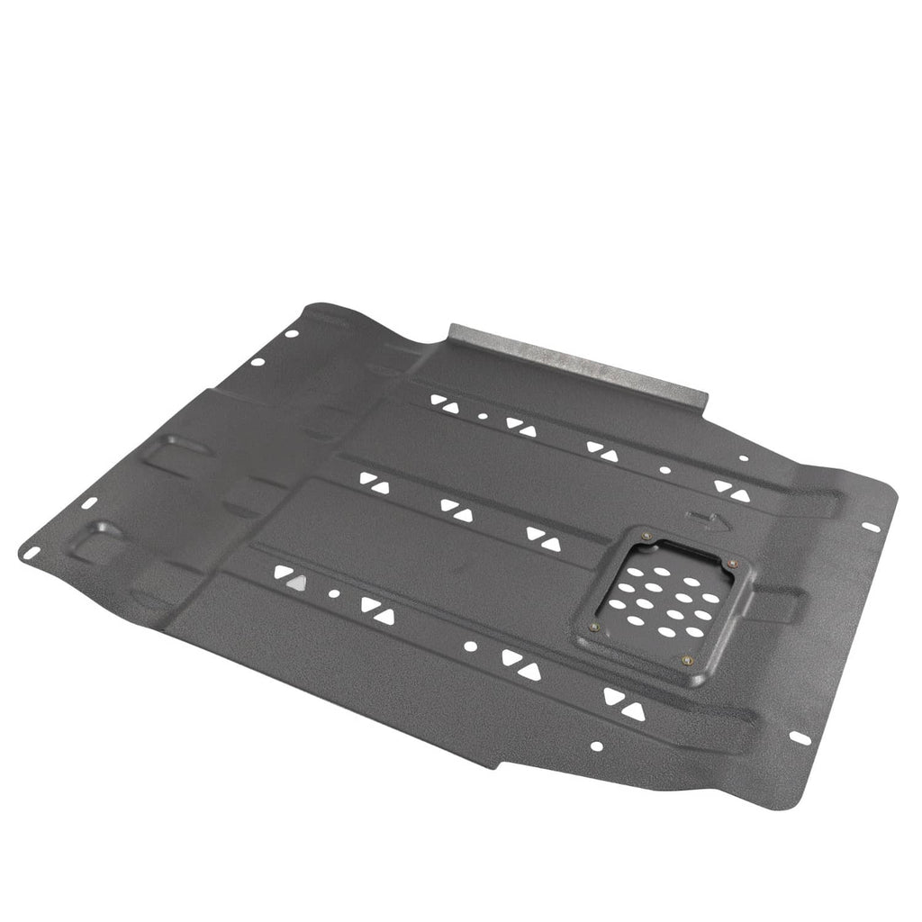 Black gearbox skid plate splash shield guard with large vent slots and edge mounting holes